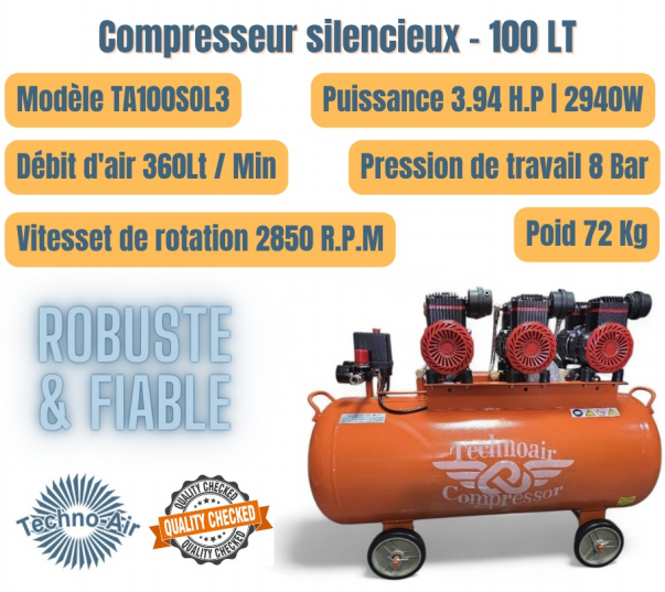 Compresseur d'air silencieux 100 litres - TECHNOAIR - robuste et fiable - sans huile