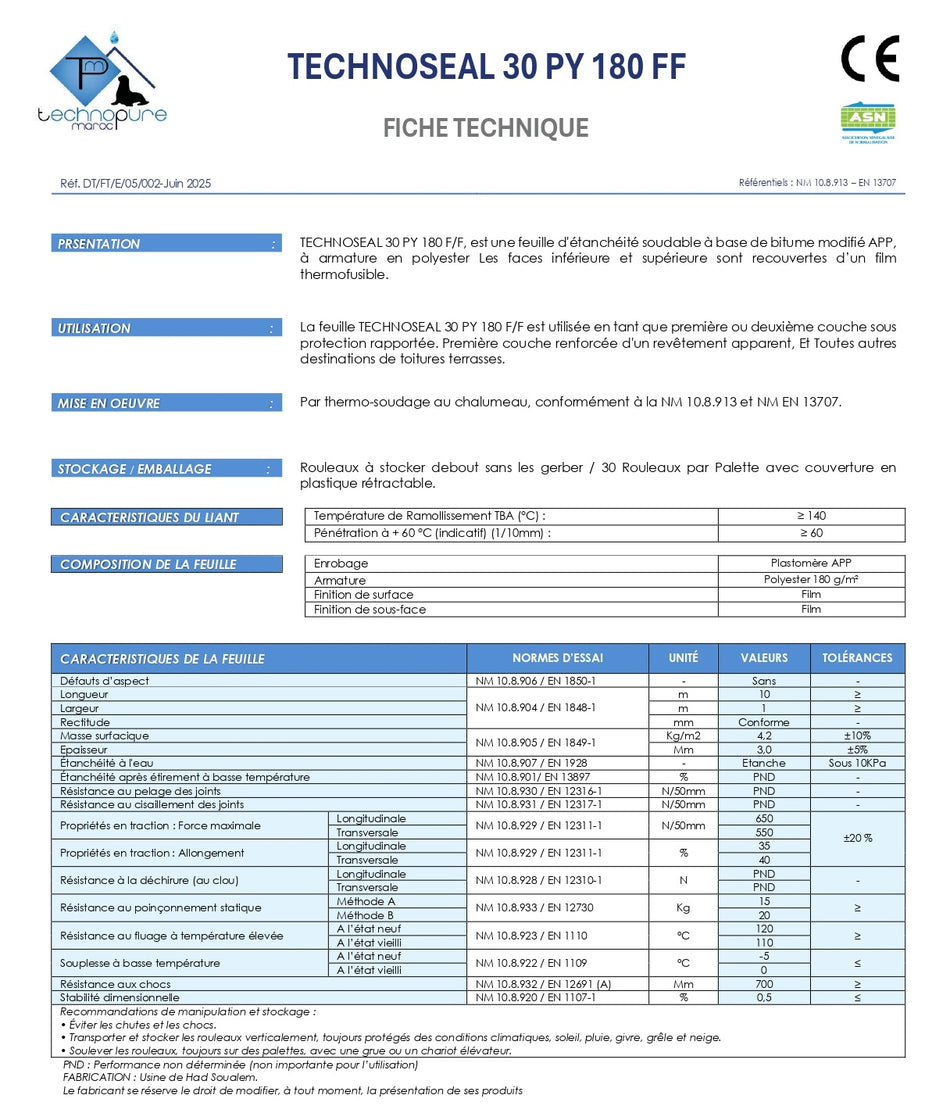 Rouleau d'étanchéité TECHNOSEAL 30 PY 180 FF - APP / Voile polyester - 1*10ML