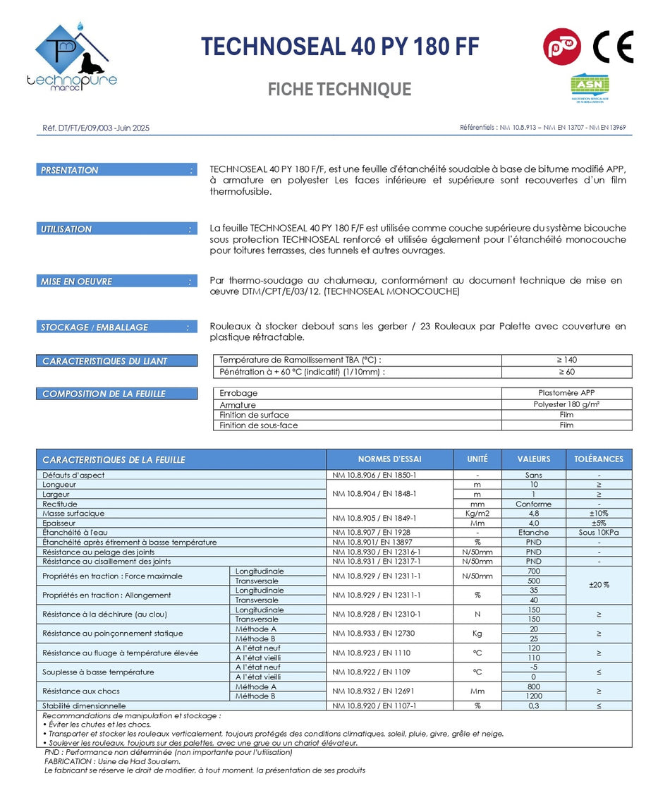 Rouleau d'étanchéité TECHNOSEAL 40 PY 180 FF - APP / Voile polyester - 1*10ML
