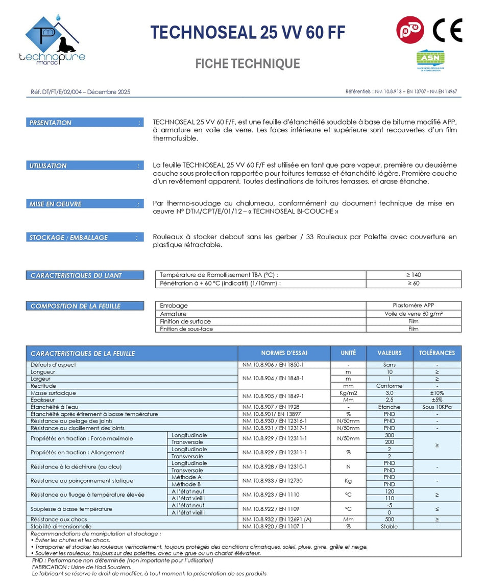 Rouleau d'étanchéité TECHNOSEAL 25 VV 60 FF - APP / Voile de verre - 1*10ML