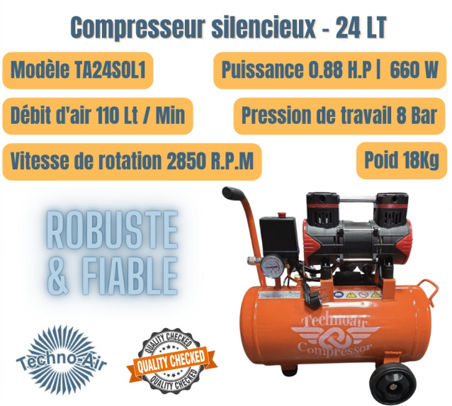 Compresseur d'air silencieux 24 litres - TECHNOAIR - robuste et fiable - sans huile