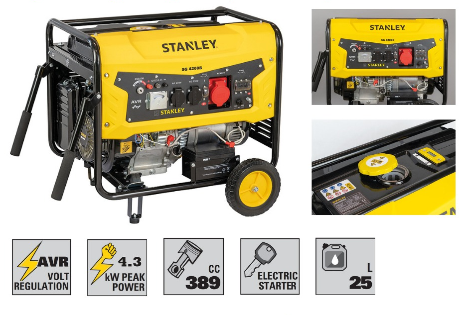 Générateur STANLEY - 4.3 KW - Technologie AVR | 220V | ESSENCE -  Solution idéale pour alimenter des équipements électriques dans les domaines de l'industrie et de la construction.