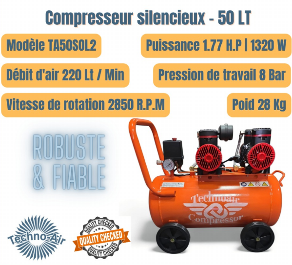 Compresseur d'air silencieux 50 litres - TECHNOAIR - robuste et fiable - sans huile