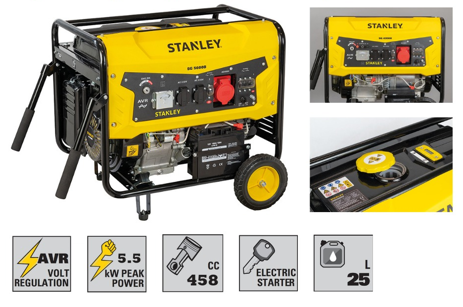 Générateur STANLEY - 5.5 KW - Technologie AVR | 220V | ESSENCE -  Solution idéale pour alimenter des équipements électriques dans les domaines de l'industrie et de la construction.