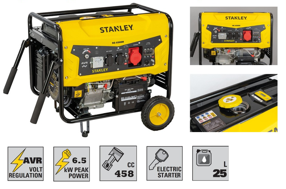 Générateur STANLEY - 6.5 KW - Technologie AVR | 220V | ESSENCE -  Solution idéale pour alimenter des équipements électriques dans les domaines de l'industrie et de la construction.