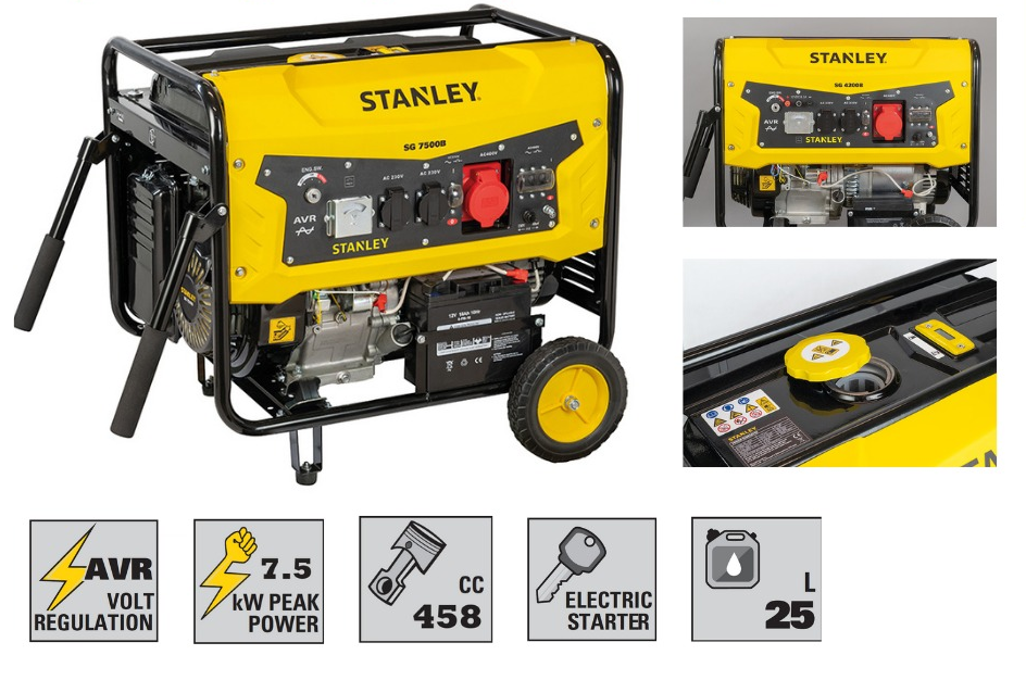 Générateur STANLEY - 7.5 KW - Technologie AVR | 220V | ESSENCE -  Solution idéale pour alimenter des équipements électriques dans les domaines de l'industrie et de la construction.