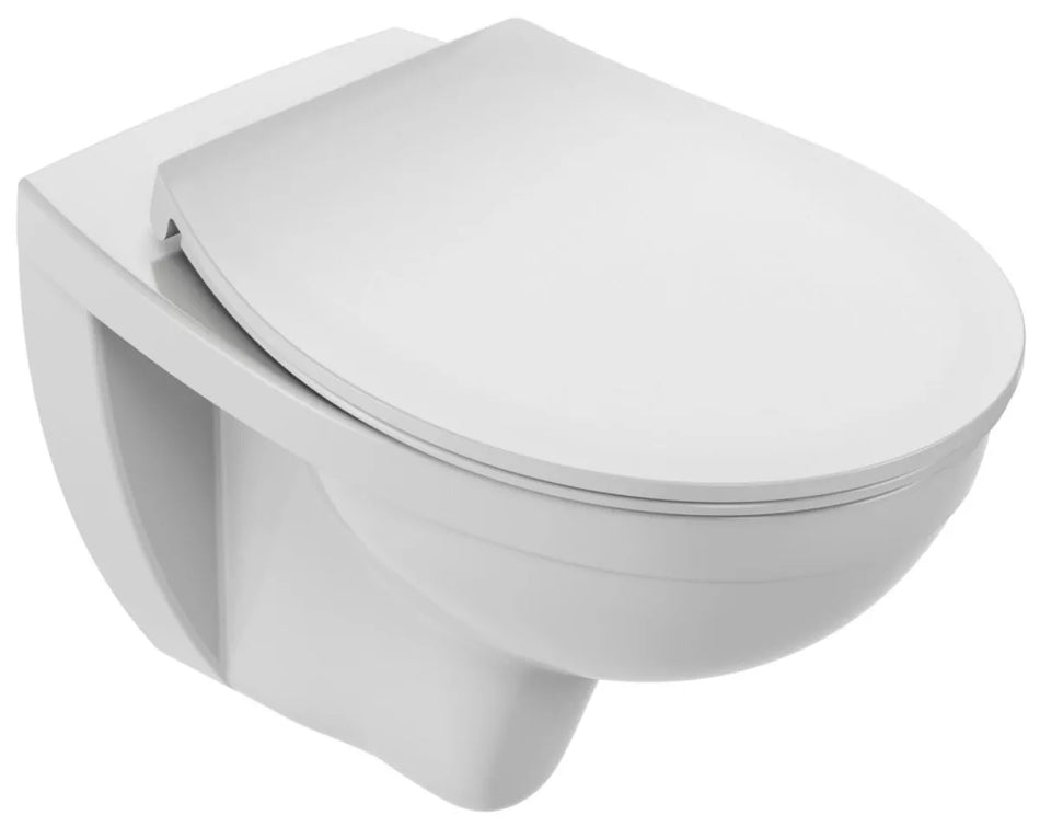 PATIO wall-hung rimless toilet pack, 53.5 x 36 cm, 3/6 L dual flush, with extra-flat Thermodur soft-close and quick-release seat, glossy white finish Ref. EDV134-00 By Jacob Delafon Paris