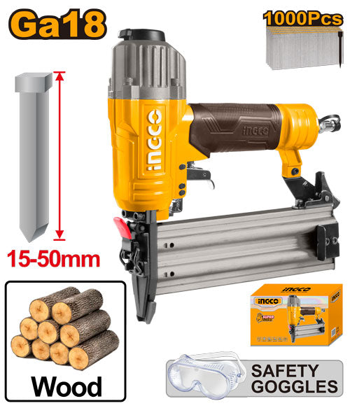 Pneumatic nailer for 15-50mm nails. 100-nail capacity, 0.5-0.7 Mpa pressure.