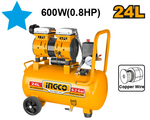 Compresseur silencieux (60dB) sans huile. Puissance 600W, réservoir 24L, pression 8 bar.