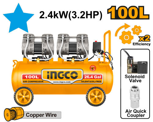 Compresseur silencieux bi-moteur (2x1200W). Réservoir 100L, pression 8 bar.