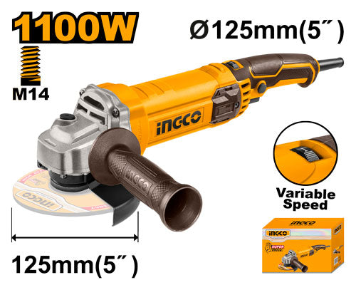 Meuleuse 1100W avec vitesse variable (5000-12.000 tr/min). Disque 125mm.
