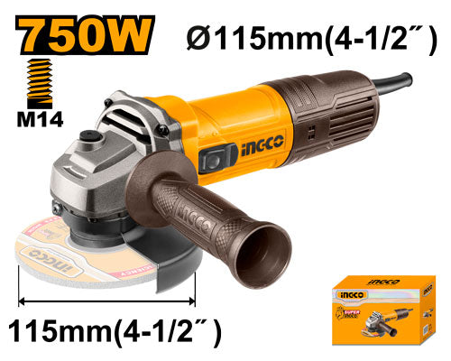 Meuleuse 750W, vitesse 12.000 tr/min. Disque 115mm.