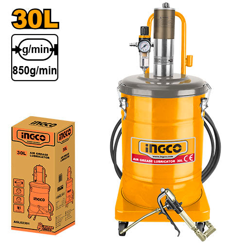Graisseur pneumatique 30L avec rapport 50:1. Pression de travail 5-8bar, débit 800g/min. Livré avec pistolet et flexible 5m.