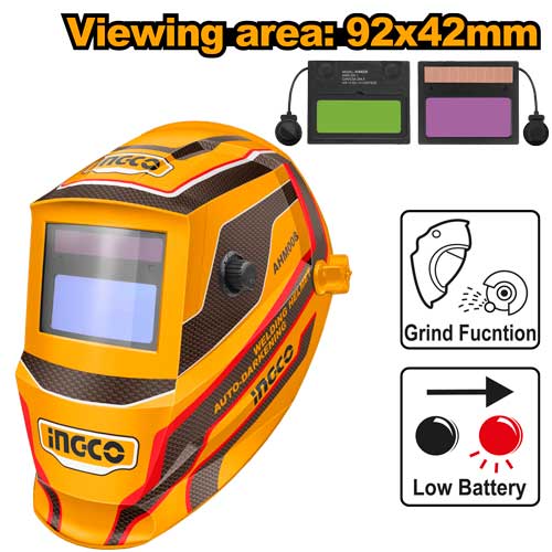Casque à obscurcissement automatique (DIN4 à DIN9-13). Zone vue 92x42mm, alimentation solaire + piles.