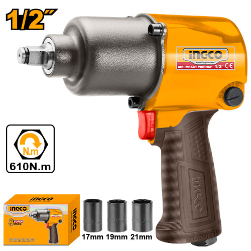 1/2" impact wrench with 610Nm torque and twin hammer mechanism. Supplied with 3 sockets (17,19,21mm).