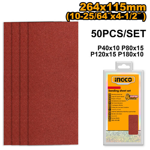 Set de 50 feuilles abrasives (264x115mm). Grains P40,80,120,180.