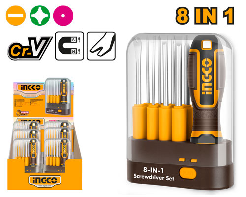 Set de 9 tournevis: 3 plats, 3 cruciformes, 2 Torx, 1 manche.
