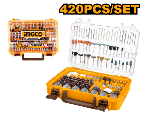 420-piece accessory kit for mini-drills: grinding wheels, drill bits, brushes, discs, etc.