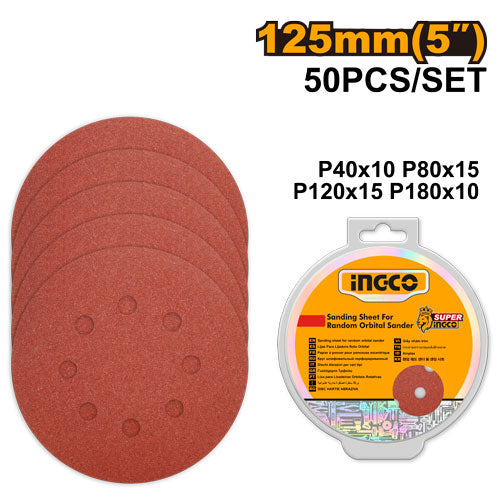 Set de 50 abrasifs ronds 125mm. Grains P40,80,120,180. Pour ponceuse orbitale.