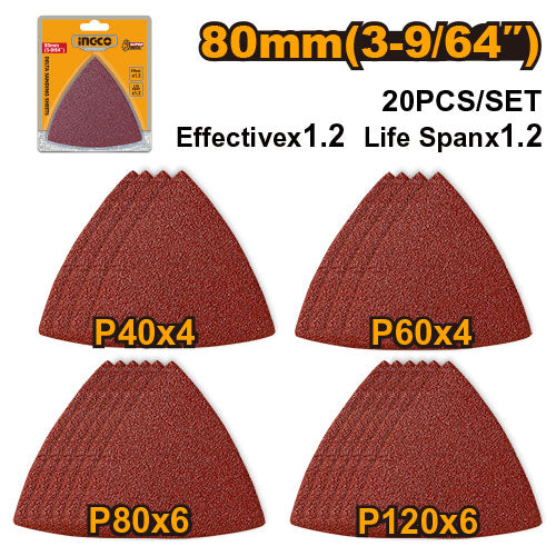 Lot de 20 feuilles abrasives Delta 80mm. Grains P40,60,80,120. Pour outil multifonction.