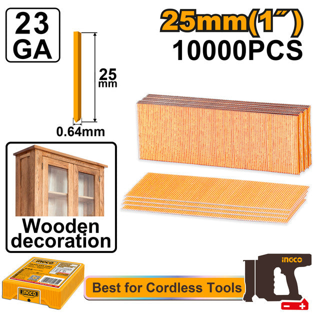 Box of 10,000 25mm (23 gauge) pins for CBNLI3603/3606 pin nailers.