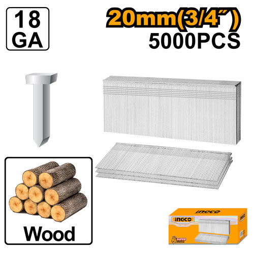 Box of 5000 smooth galvanized nails. Length 20mm, 18 gauge. For nail guns.