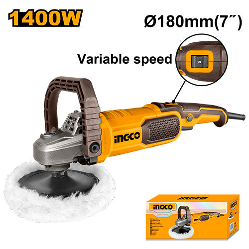 Polisseuse 1400W, vitesse variable 1500-3600 tr/min. Disque 180mm. Livrée avec bonnet et plateau.