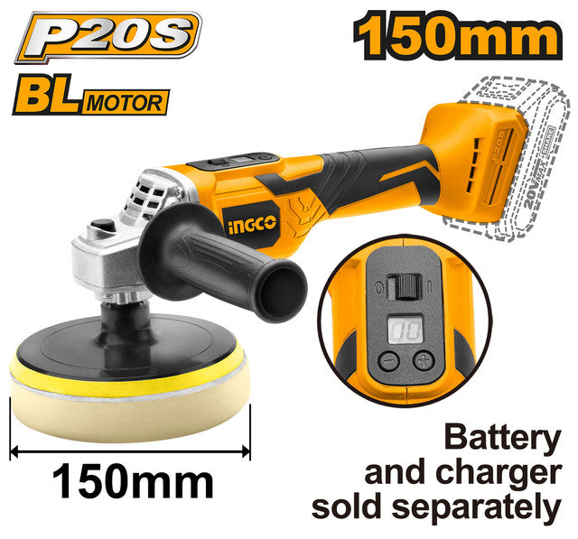 Polisseuse 20V avec écran LCD. Vitesse variable 500-2800 tr/min. Batterie et chargeur non inclus.