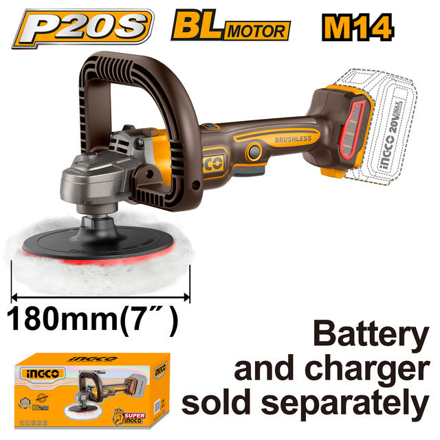 Polisseuse 20V brushless, plateau 180mm, vitesse variable. Batterie et chargeur vendus séparément.