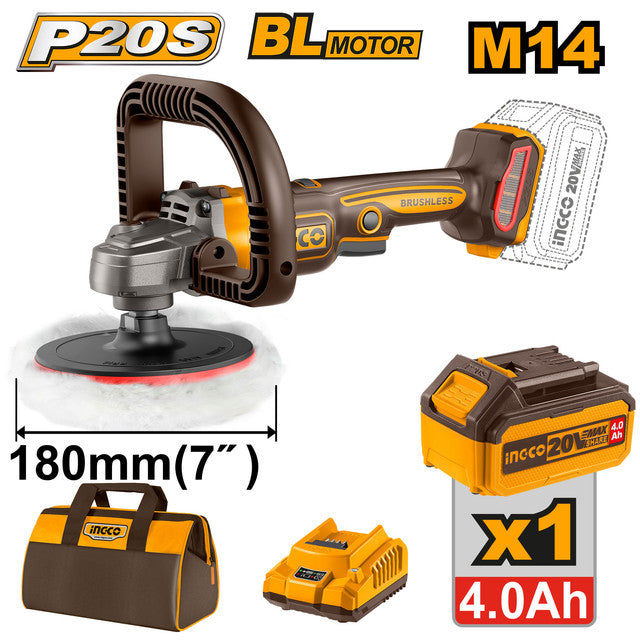 Polisseuse 20V brushless, plateau 180mm. Livrée avec batterie 4,0Ah et chargeur.
