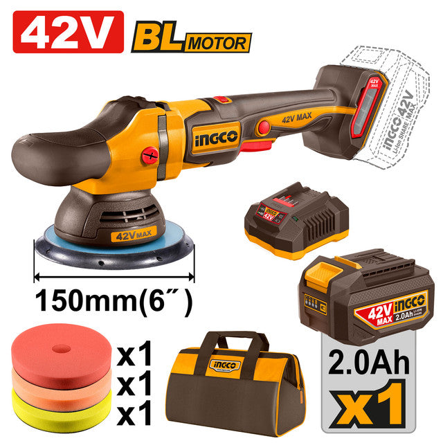 Polisseuse 42V brushless, plateau 150mm. Livrée avec 3 tampons mousse, batterie 2,0Ah et chargeur.
