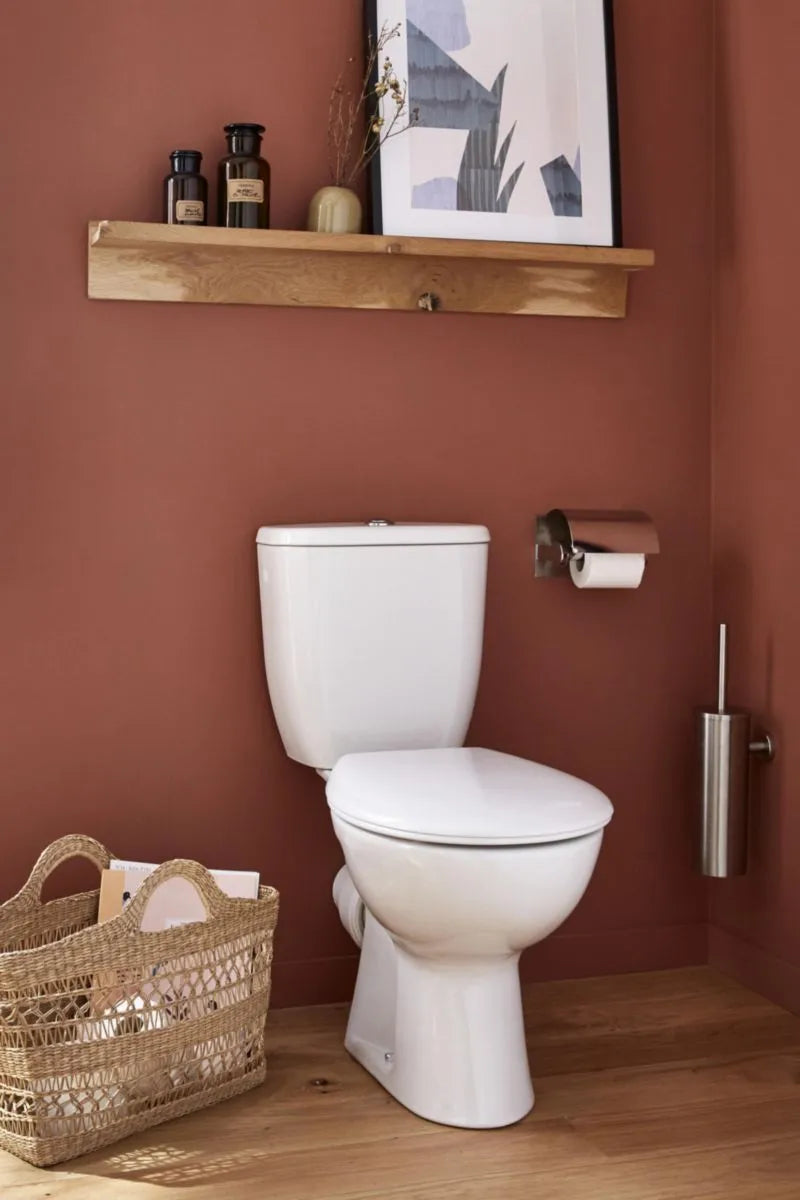 BRIVE Close-coupled toilet - Complete and individually packaged with original Heavy Duty Polypropylene seat and adjustable stainless steel hinges - Horizontal outlet - Ref. E0383-00 By Jacob Delafon Paris