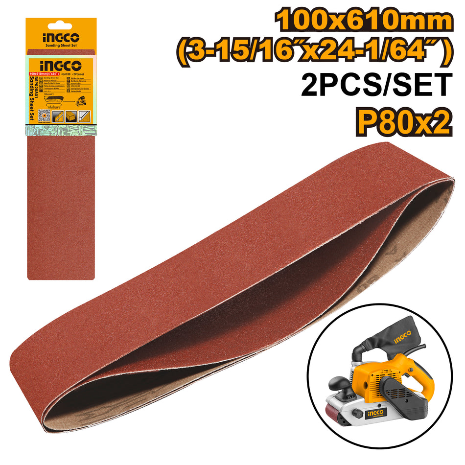 Lot de 2 feuilles abrasives grain P80. Dimensions 100x610mm. Pour ponceuse à bande PBS12001.