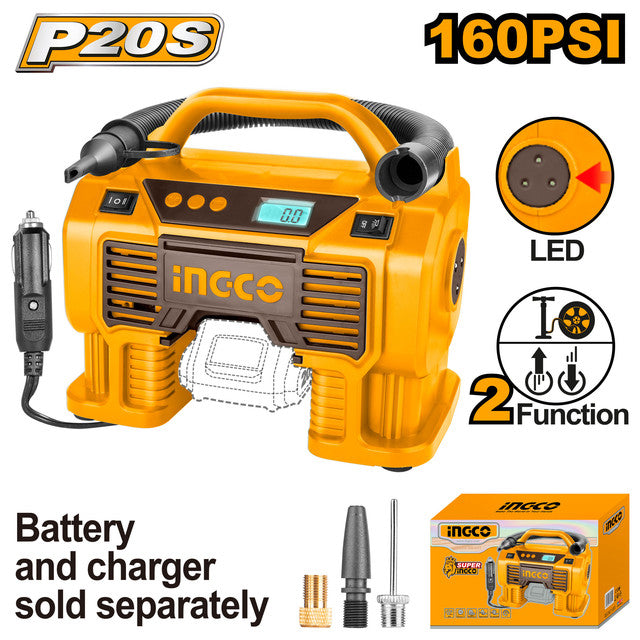 Gonfleur sans fil 20V, pression max 160PSI/11BAR. Affichage numérique et arrêt auto. Nécessite batterie/chargeur.
