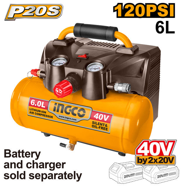 Compresseur 40V (20Vx2) avec réservoir 6L. Pression max 120PSI/9BAR, débit 98L/min. Livré avec buses et adaptateurs.