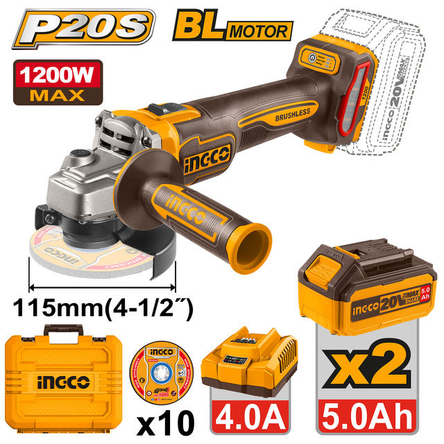 Meuleuse 20V brushless, puissance max 1200W. Livrée avec 2 batteries 5,0Ah, chargeur et 10 disques.