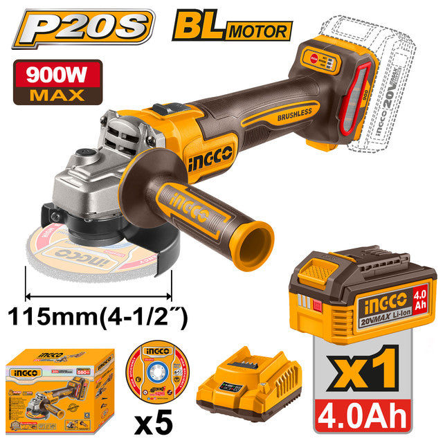 Meuleuse 20V brushless, puissance max 900W. Livrée avec batterie 4,0Ah, chargeur et 5 disques.