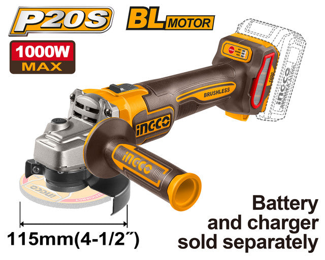 Meuleuse 20V brushless, puissance max 1000W. Disque 115mm. Batterie et chargeur vendus séparément.