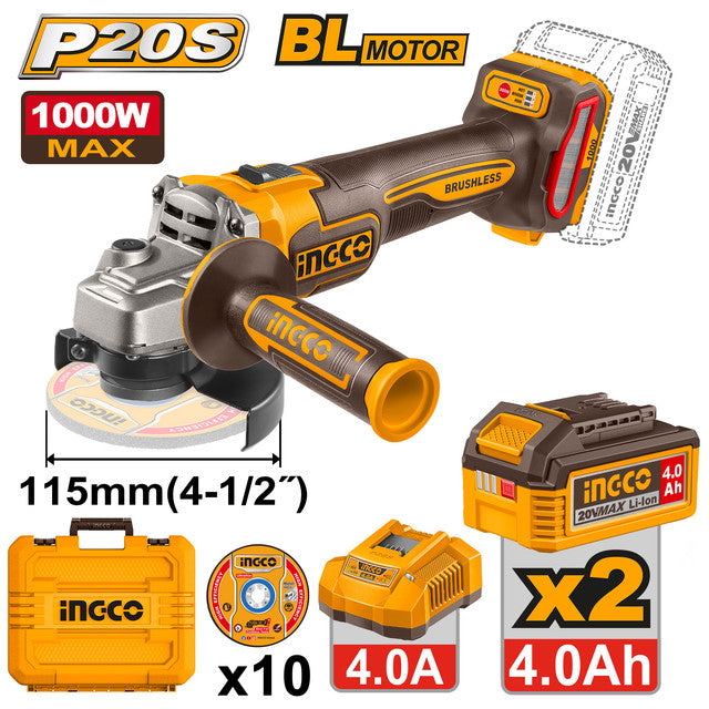 Meuleuse 20V brushless, puissance max 1000W. Livrée avec 2 batteries 4,0Ah, chargeur et 10 disques.