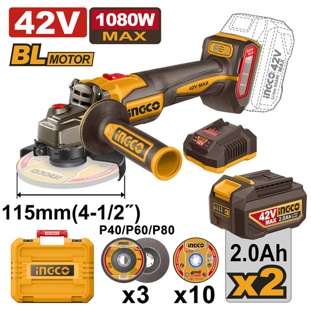 Meuleuse 42V brushless, puissance max 1080W. Livrée avec 2 batteries 2,0Ah, chargeur et accessoires.