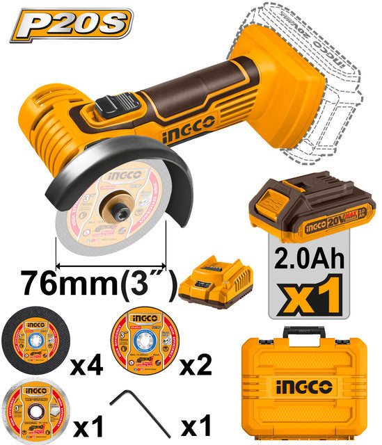 Mini-meuleuse 20V (19.500 tr/min). Livrée avec batterie 2,0Ah, chargeur et 7 disques/accessoires.