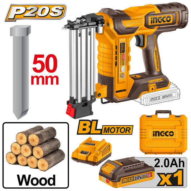Cloueuse 20V brushless pour clous de finition 15-50mm. Livrée avec 1000 clous (50mm), batterie 2,0Ah et chargeur.