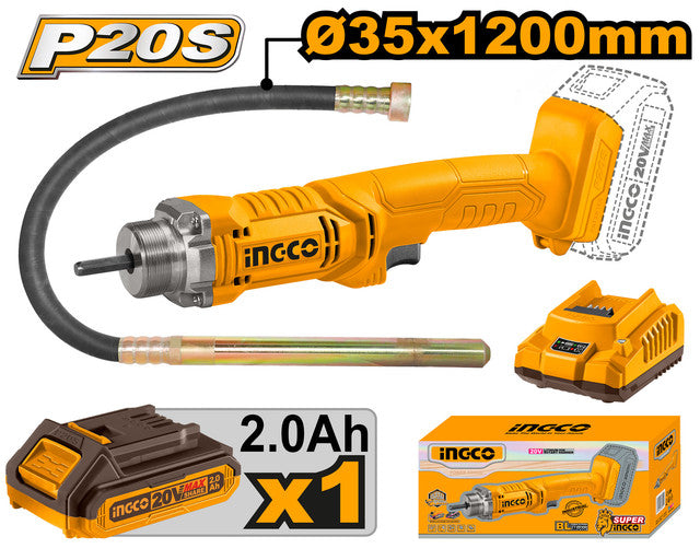 20V concrete vibrator, 35mm poker diameter. Supplied with poker, 2.0Ah battery, and charger.