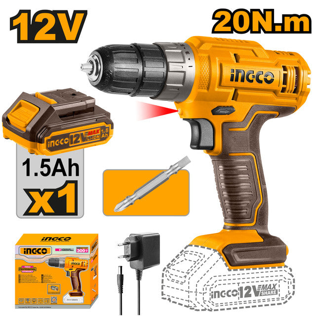 Perceuse 12V, couple 20Nm, mandrin 0,8-10mm. Livrée avec batterie 1,5Ah et chargeur.