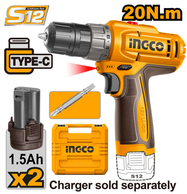 Perceuse 12V 2 vitesses, couple 20Nm. Livrée avec 2 batteries 1,5Ah (USB Type-C). Chargeur non inclus.
