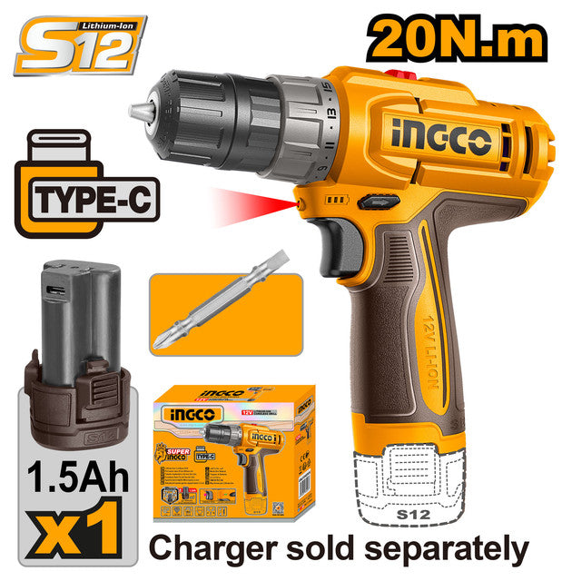 Perceuse 12V 2 vitesses, couple 20Nm. Livrée avec 1 batterie 1,5Ah (USB Type-C). Chargeur non inclus.