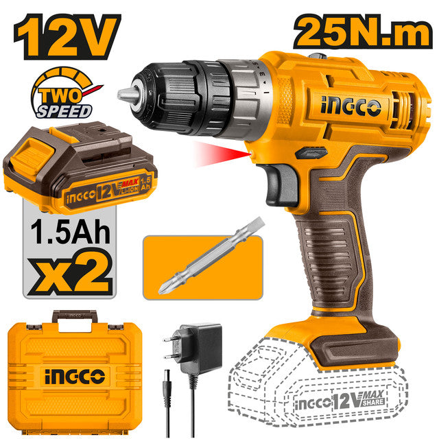 Perceuse 12V 2 vitesses, couple 25Nm. Livrée avec 2 batteries 1,5Ah, chargeur et accessoires.