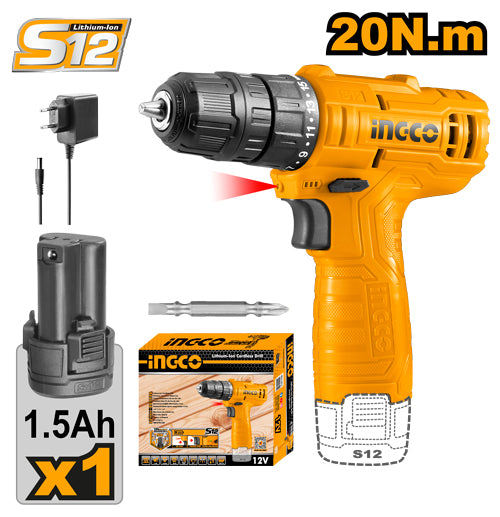 12V screwdriver, 20Nm torque, 0.8-10mm chuck. Supplied with 1.5Ah battery and charger.