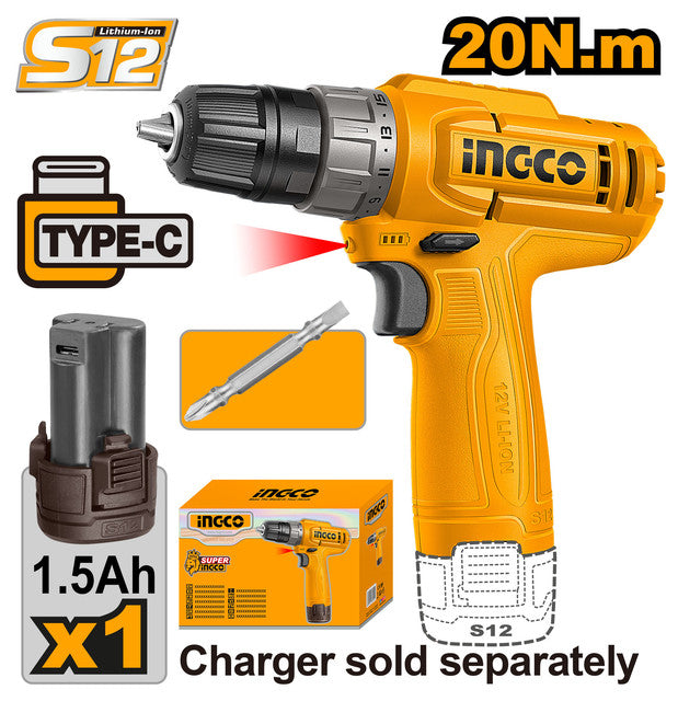 Perceuse 12V, couple 20Nm, mandrin 0,8-10mm. Livrée avec batterie 1,5Ah (USB Type-C). Chargeur non inclus.