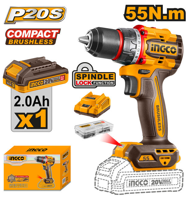20V brushless drill, 55Nm torque, 13mm chuck. Delivered with 47 accessories, 2.0Ah battery, and charger.